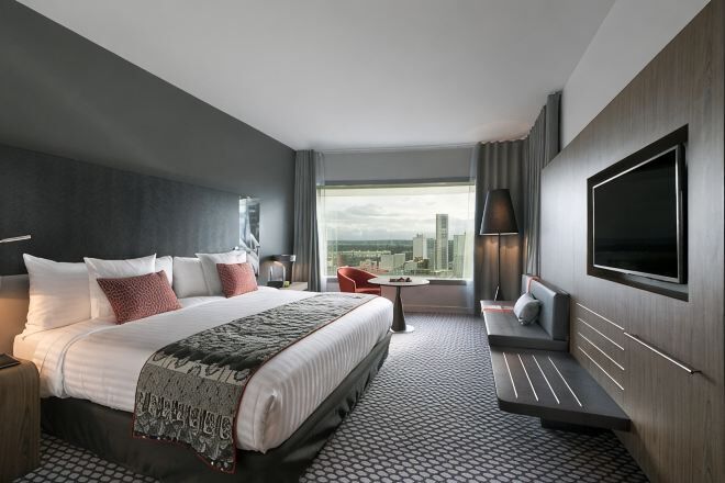Premium bedding, desk, blackout drapes, soundproofing