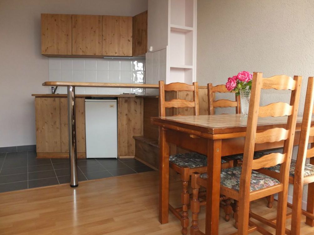 Una cocina compacta con armarios de madera, un lavamanos de acero inoxidable y una zona de comedor con mesa y sillas de madera.