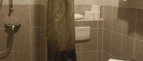 A bathroom with a shower, toilet, and sink.