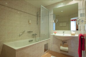 Hair dryer, towels, soap, shampoo
