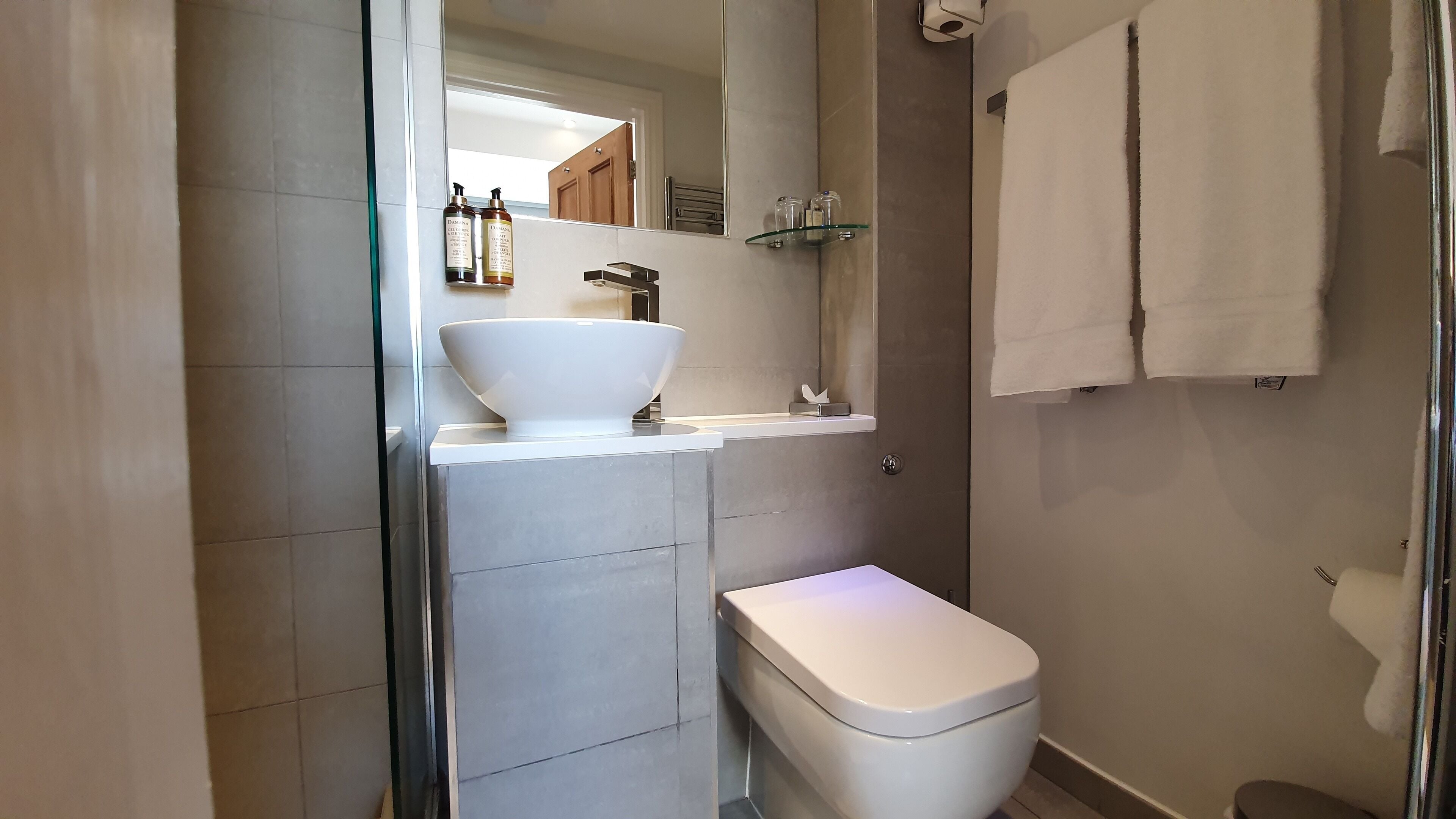 A modern bathroom with a white sink, a toilet, and a glass shelf above the sink.