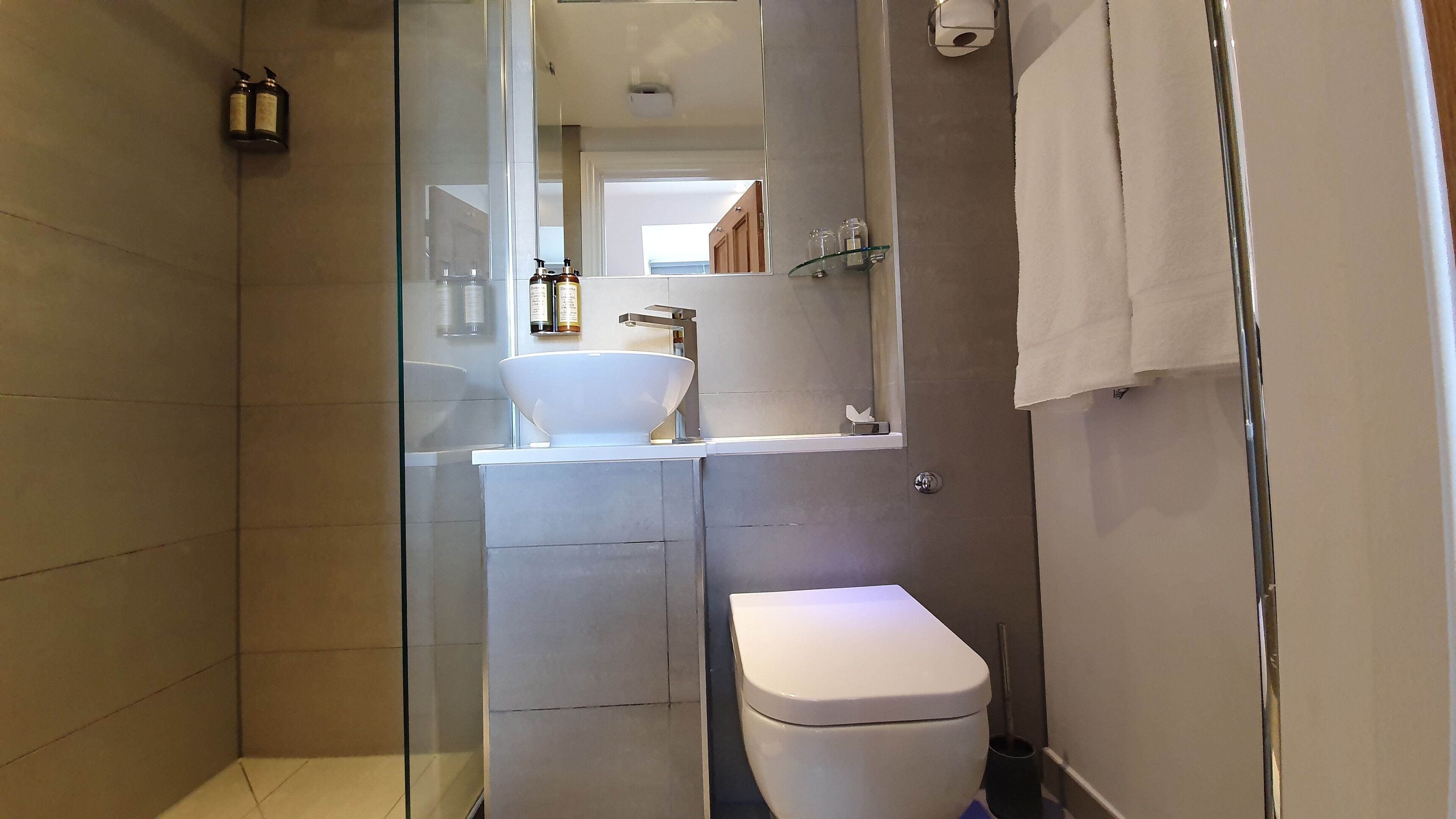 A modern bathroom with a glass shower enclosure, a white sink, and a toilet.