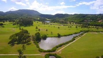 Un campo de golf con un río, palmeras y montañas al fondo.