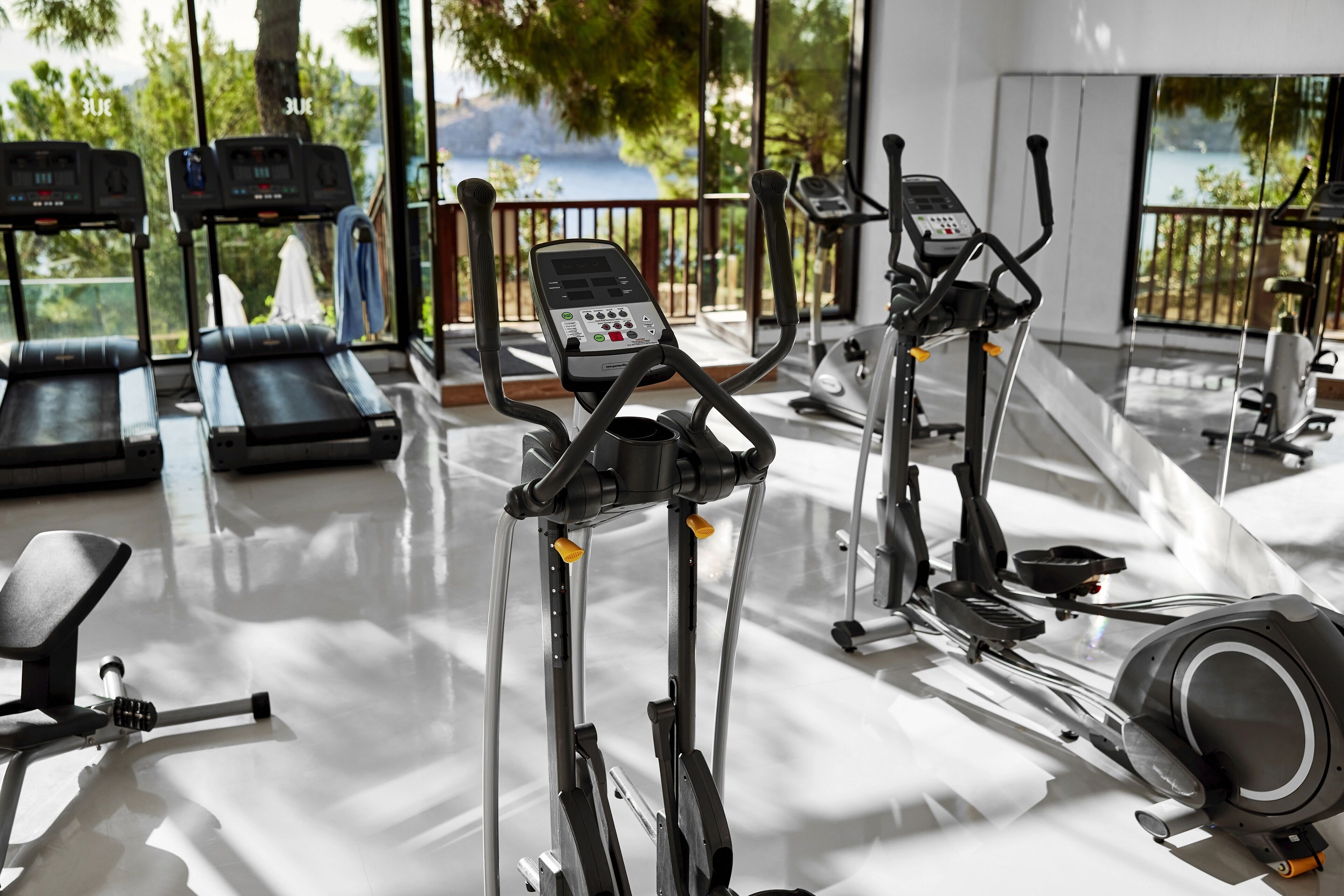 Une salle de sport équipée de machines de cardio, d’un tapis de course et d’un rameur.