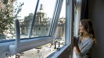 Una persona mirando por la ventana una vista de un edificio histórico.