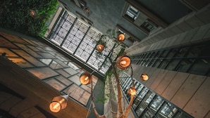 Un edificio moderno con un árbol en el centro, rodeado de amplias ventanas y luces colgantes.