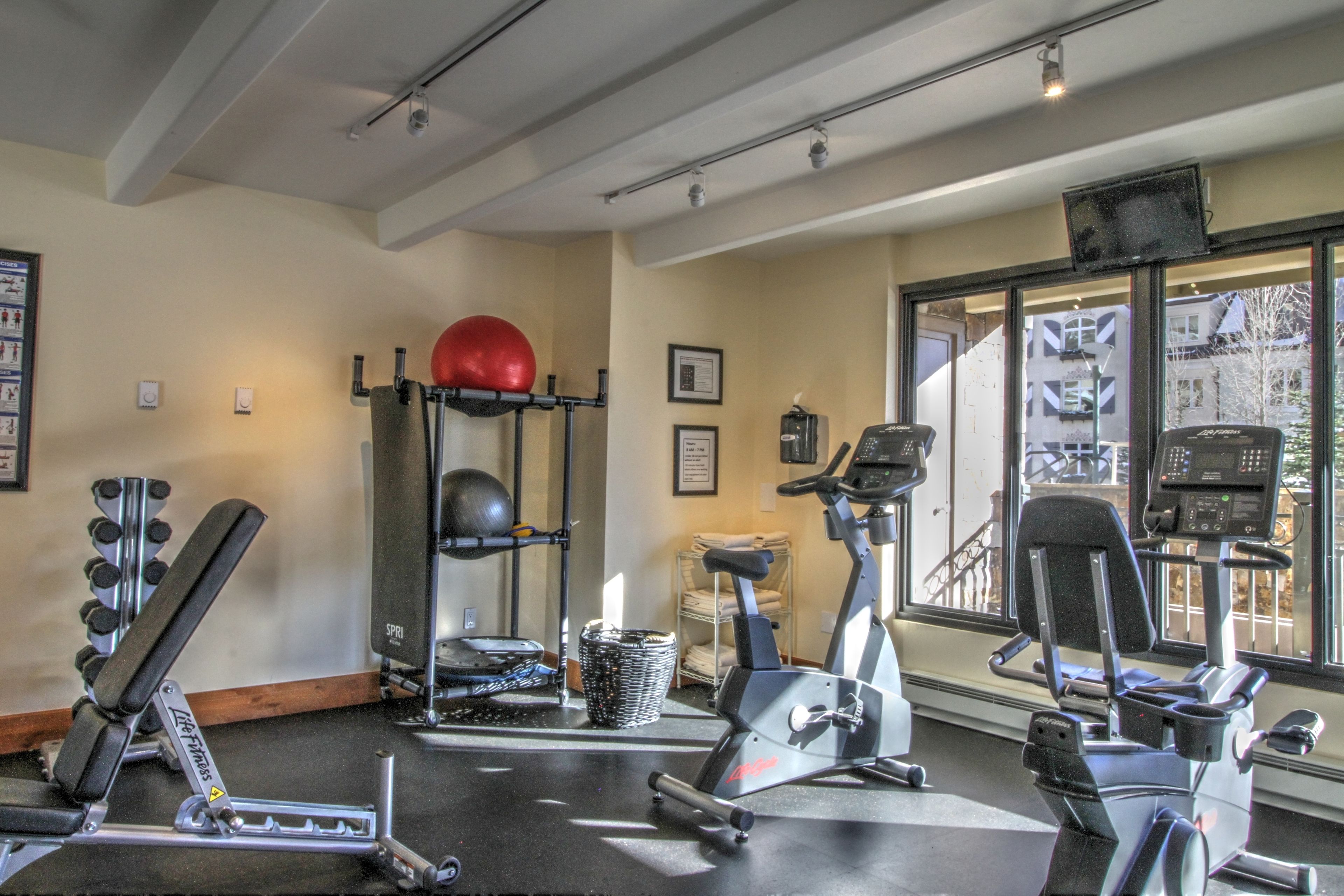 Une salle de sport équipée de matériel d’exercice, dotée d’une grande fenêtre et offrant une vue sur l’extérieur.