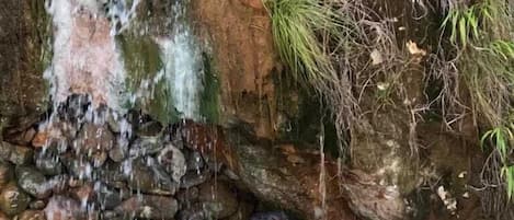 Duas pessoas perto de uma cascata em ambiente natural.
