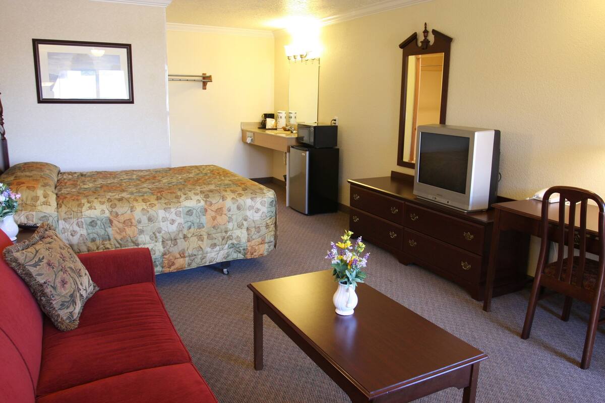 Une chambre d’hôtel avec un lit, un canapé rouge, une table en bois, un téléviseur, une commode, un miroir et un petit réfrigérateur.