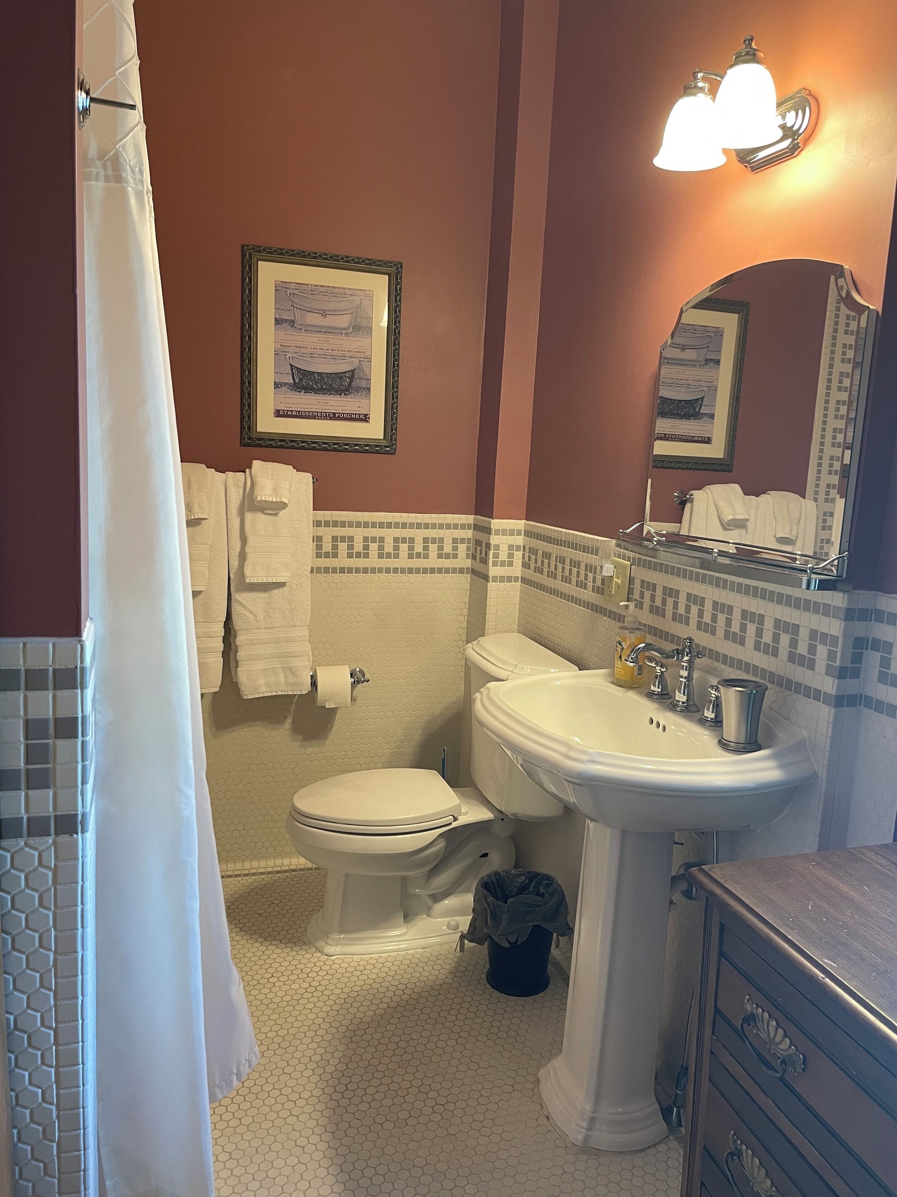 Une salle de bain avec des toilettes, un lavabo et un miroir. Un tableau encadré est accroché au mur, et il y a un porte-serviettes avec des serviettes.
