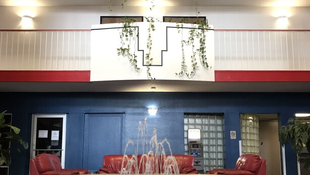 A lobby with a fountain, red seating, and a wall with hanging plants.