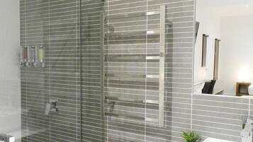 Shower, hair dryer, towels