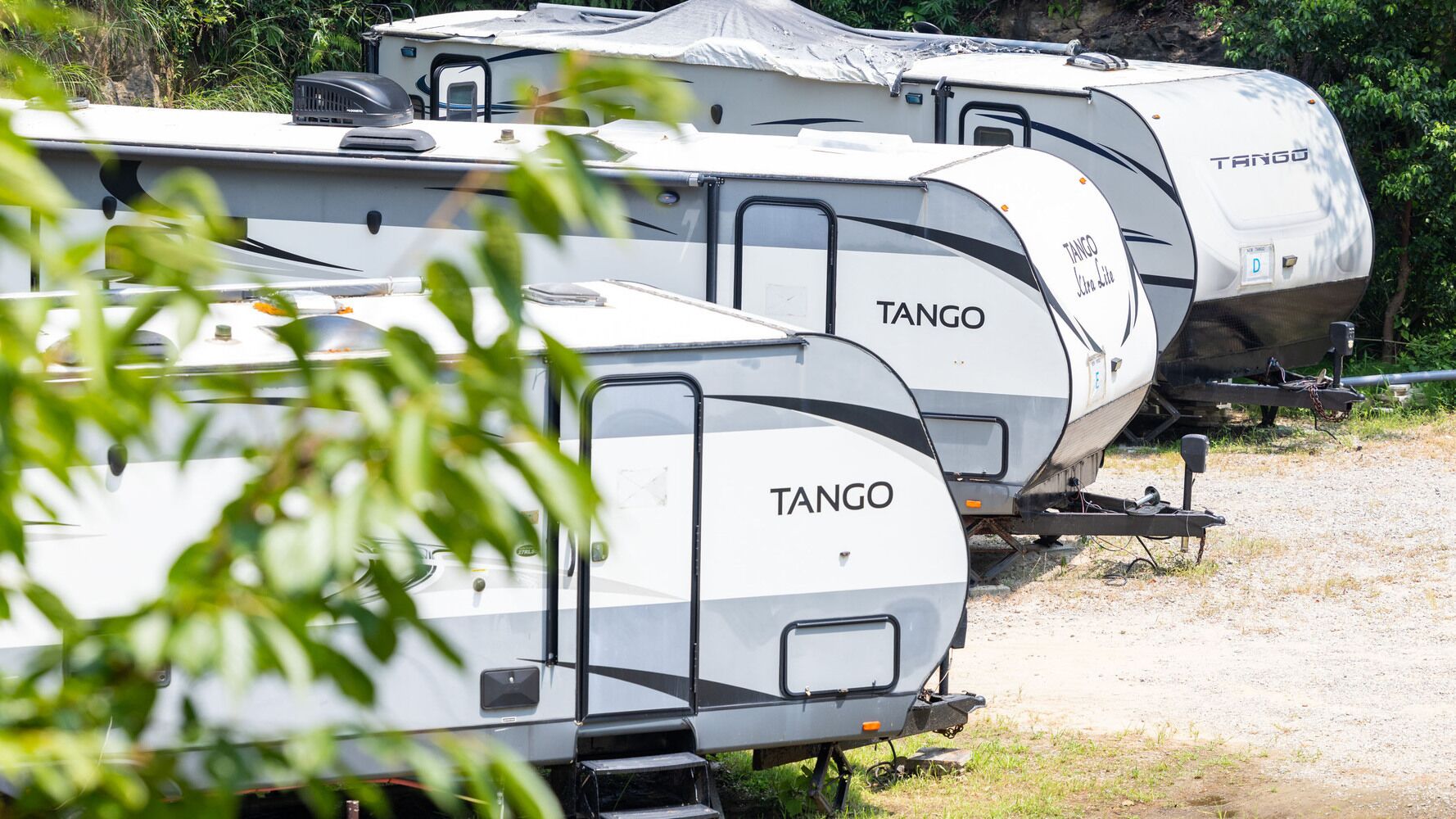 Une rangée de camping-cars TANGO est stationnée à l’extérieur, avec des portes et des fenêtres bien visibles.