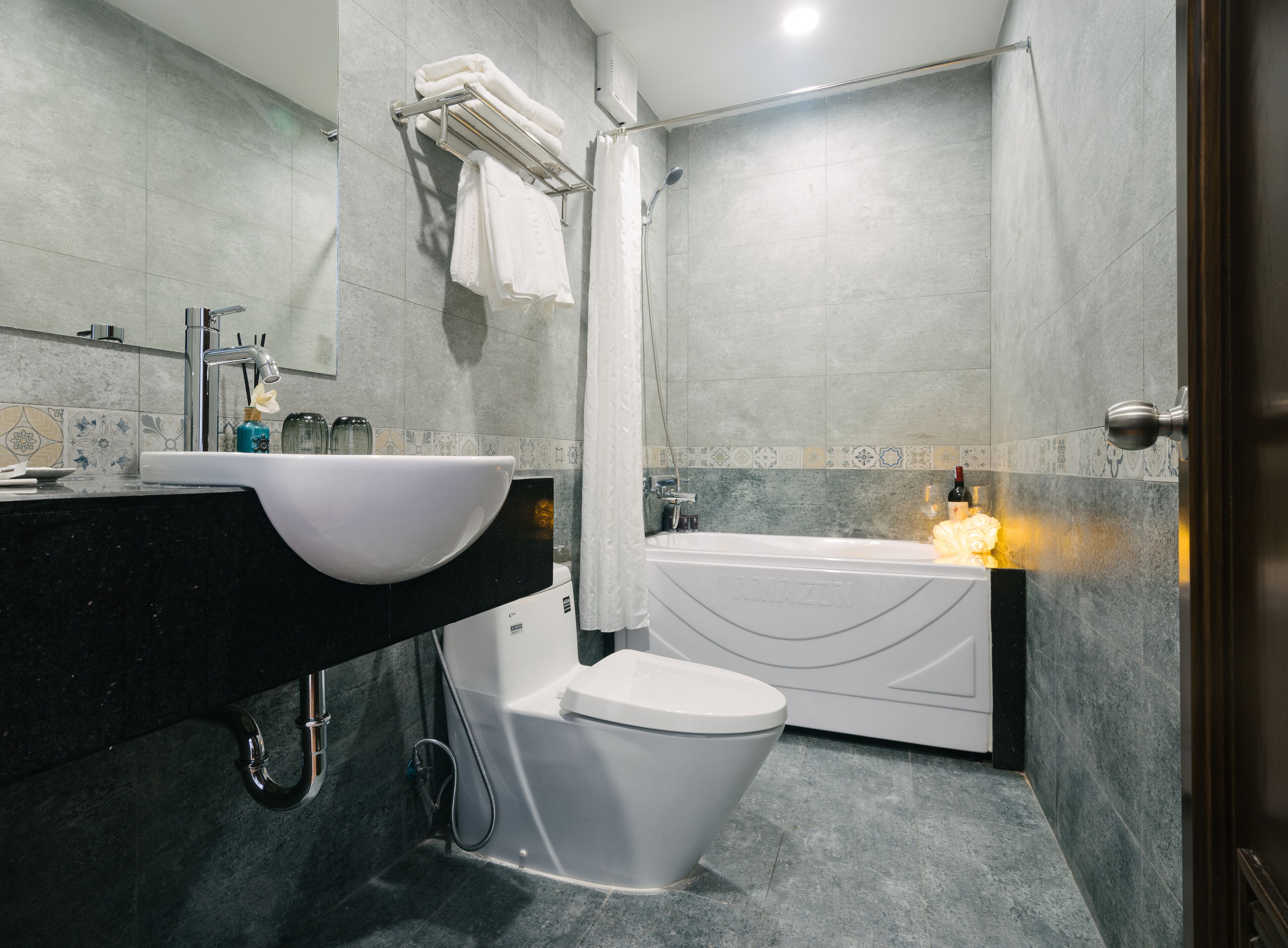 free toiletries, hair dryer, slippers, towels