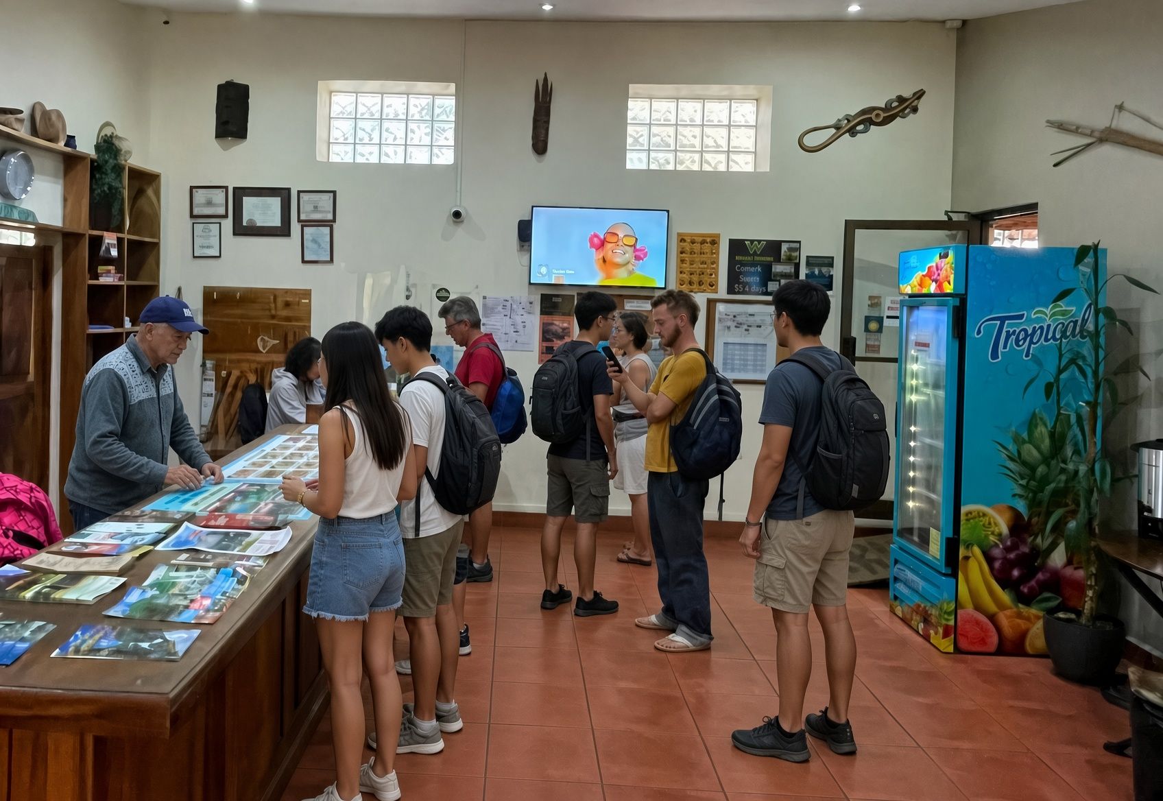 A group of people in a room with a counter displaying photographs, a television screen, and a refrigerator with fruit images.