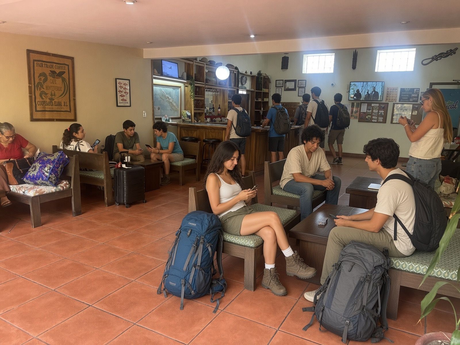 Un espacio común con asientos, un bar y diversas fotografías enmarcadas en las paredes.