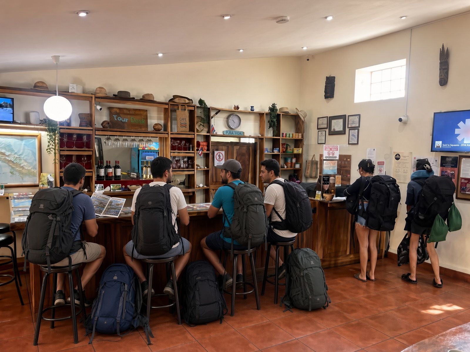 A bar area with stools, a bar counter, and a menu board.