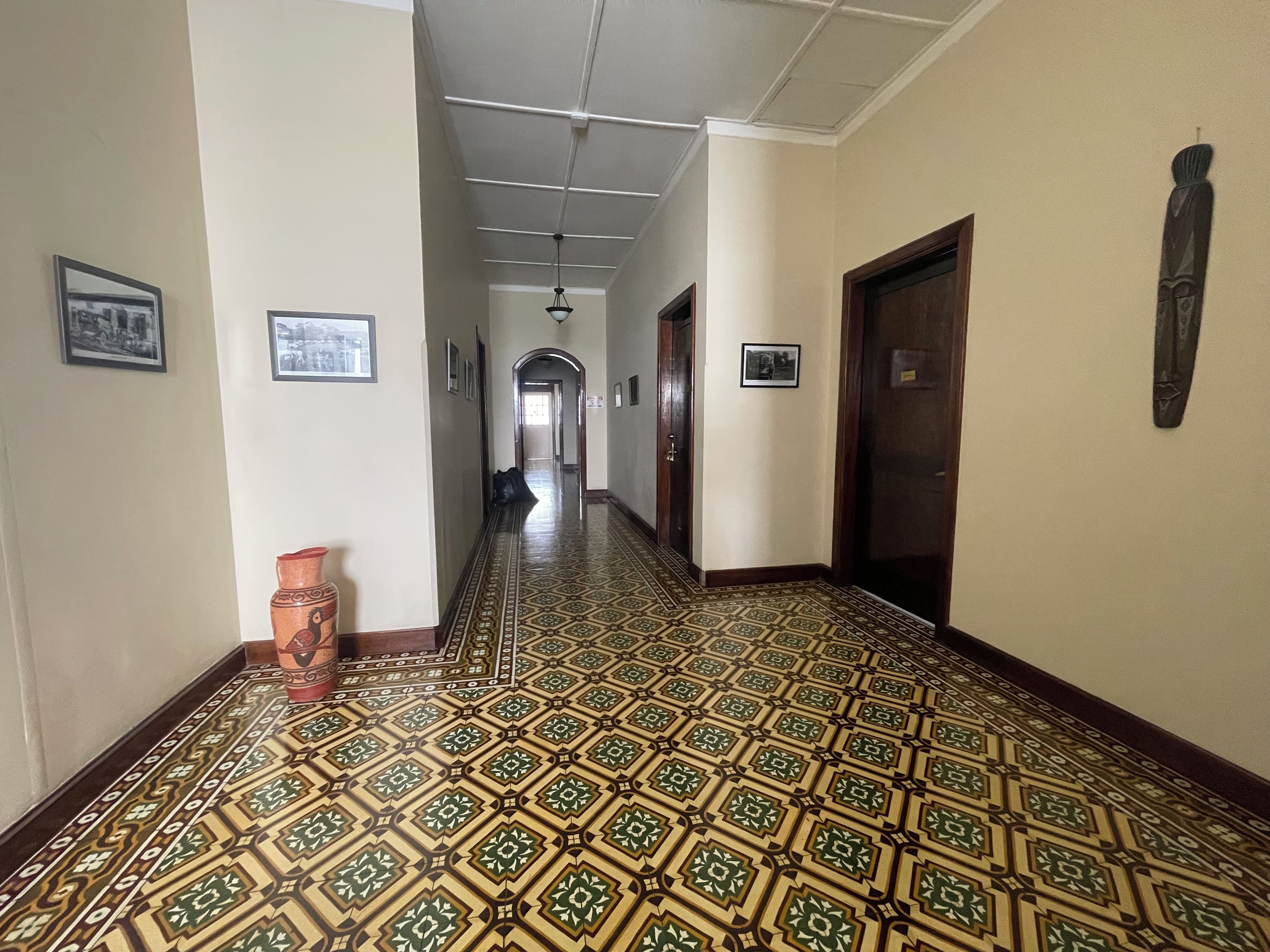Un pasillo con suelo estampado, cuadros en las paredes y una puerta a la derecha.