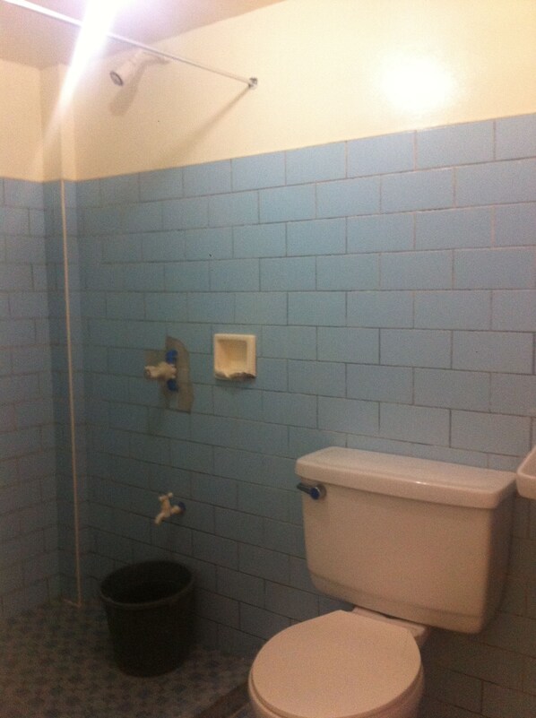 A bathroom with a toilet, a sink, and a shower area. - Merly's Place Cottages (Boracay Island)