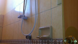 Una ducha con cabezal de ducha de mano y panel de control en la pared.