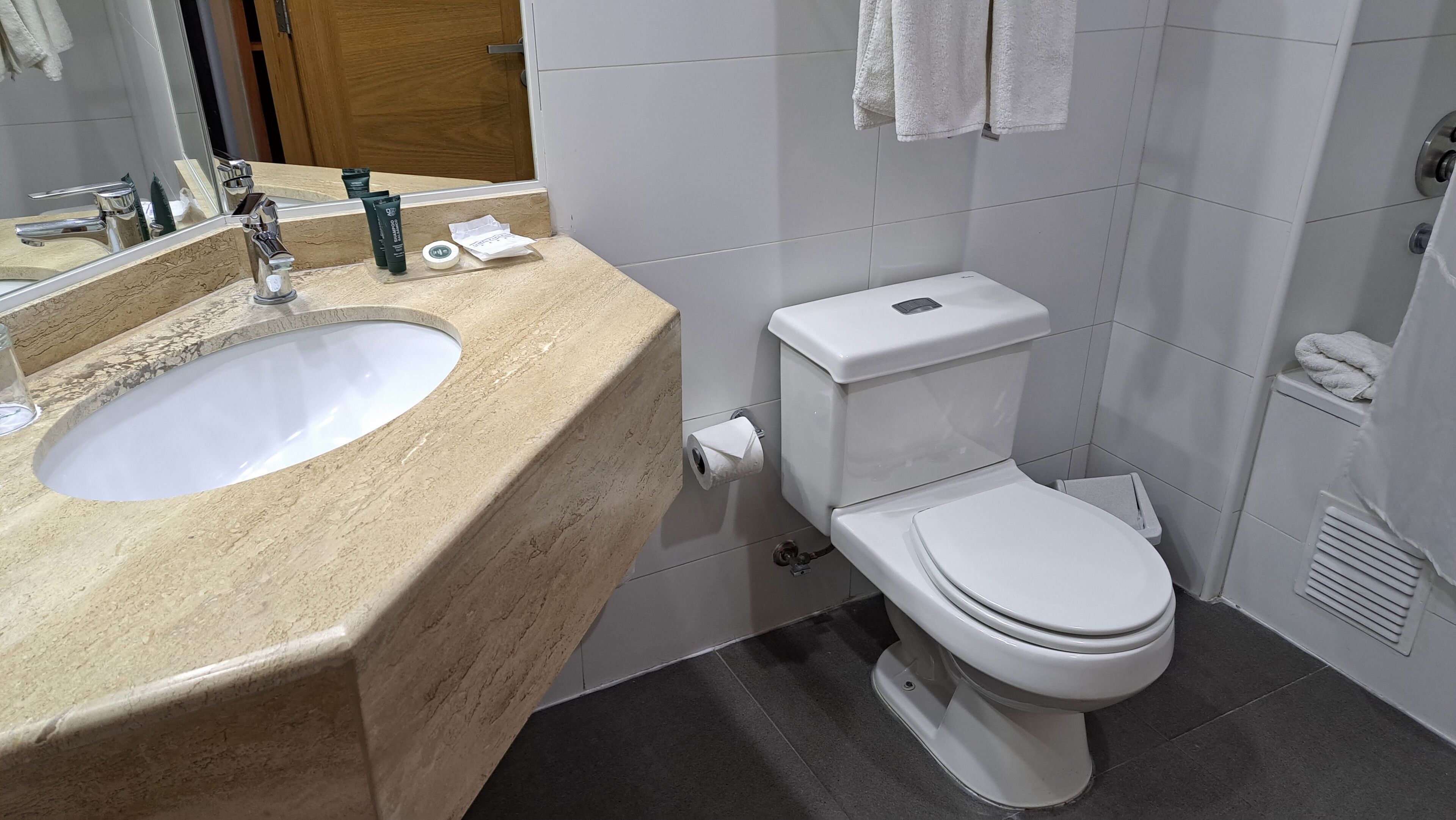 combined shower/bathtub, free toiletries, hair dryer, towels