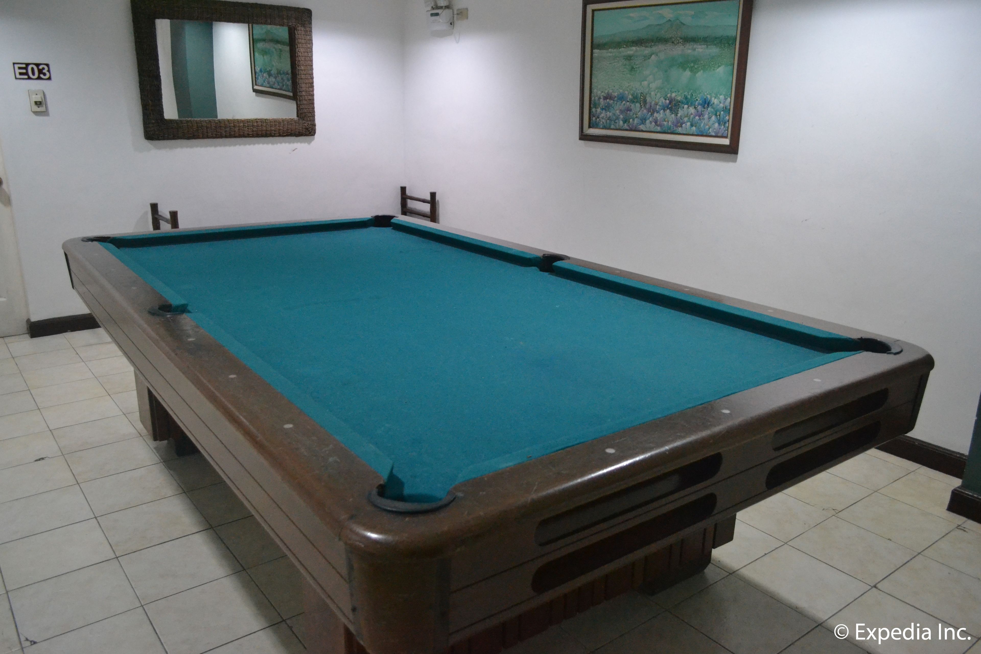 A pool table with a green felt surface, a wooden border, and a corner pocket. There is a framed picture on the wall above the table and a mirror on the wall to the left.