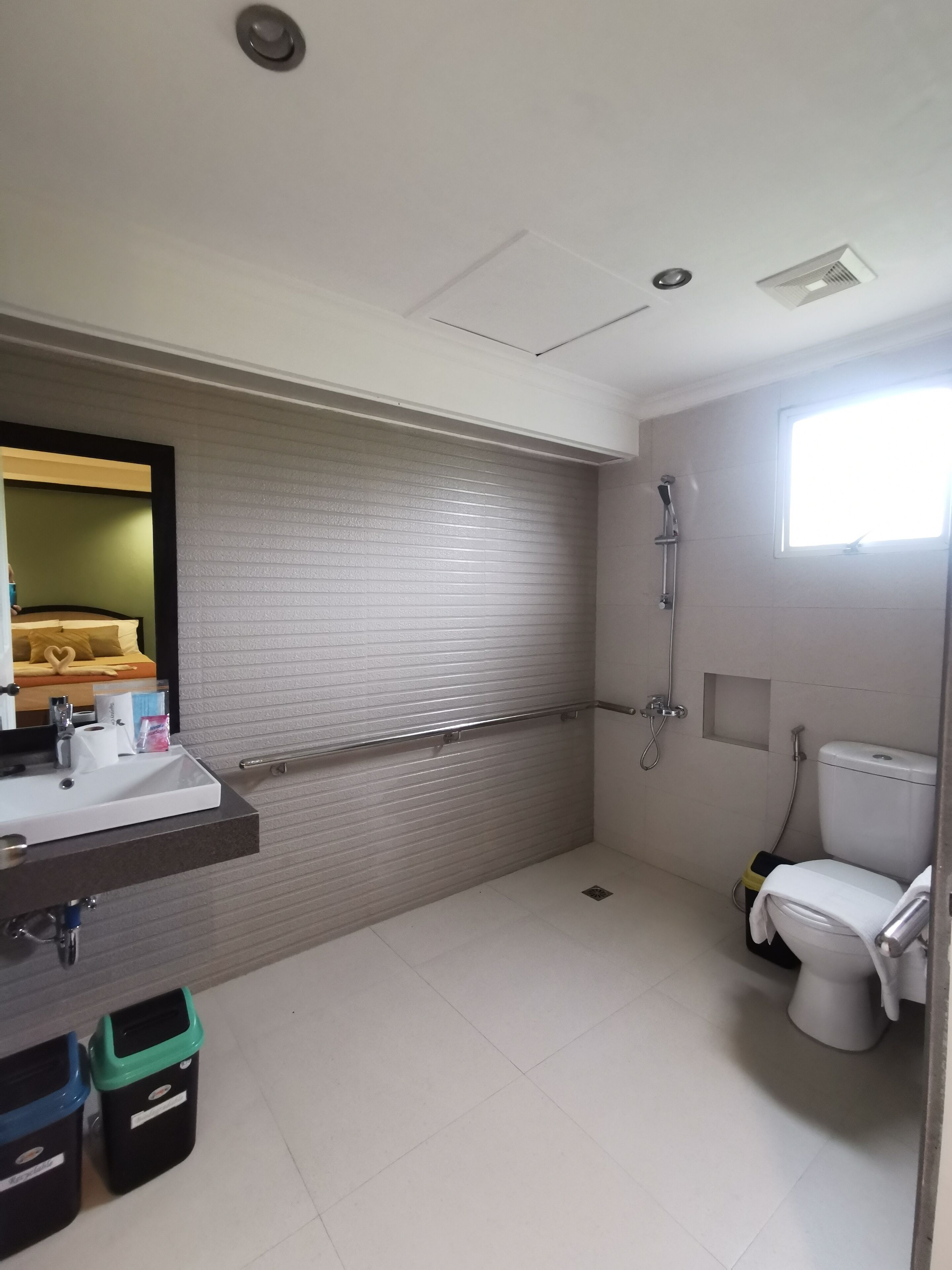Un baño con inodoro, lavamanos y ducha.