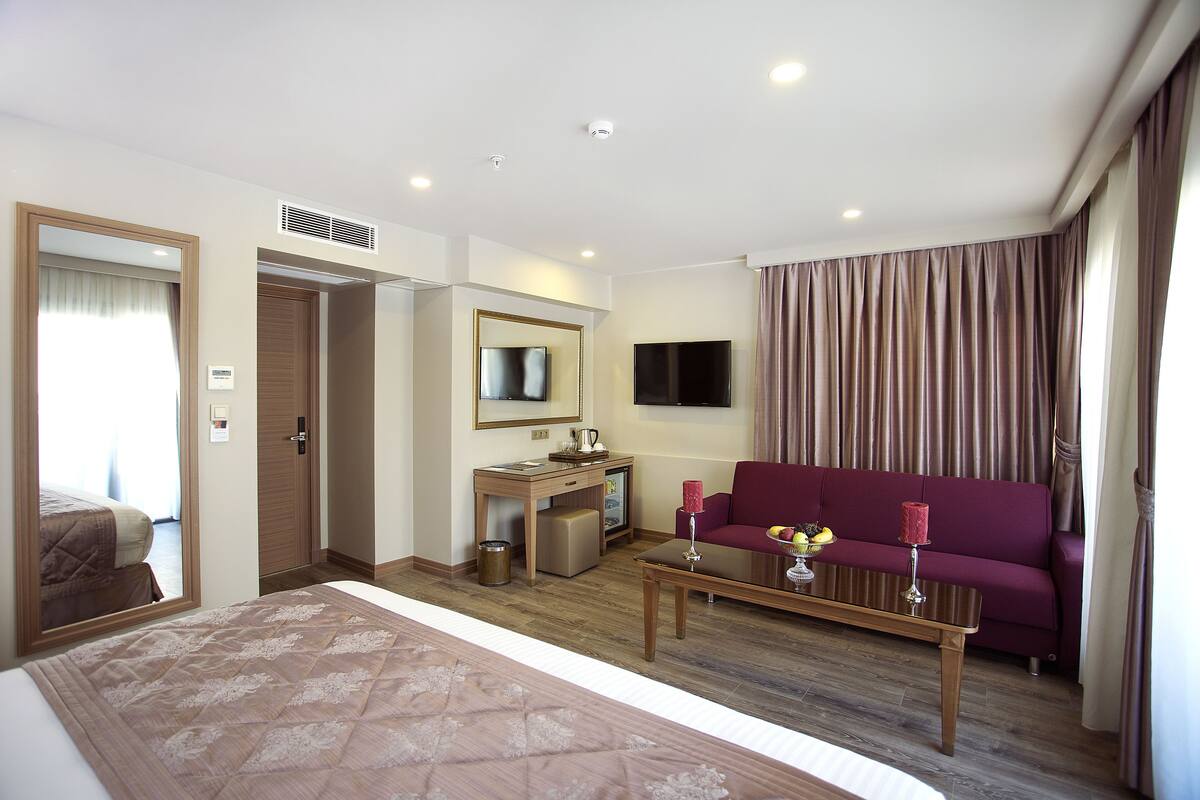 A hotel room with a bed, a desk, a sofa, a TV, and a window with curtains.
