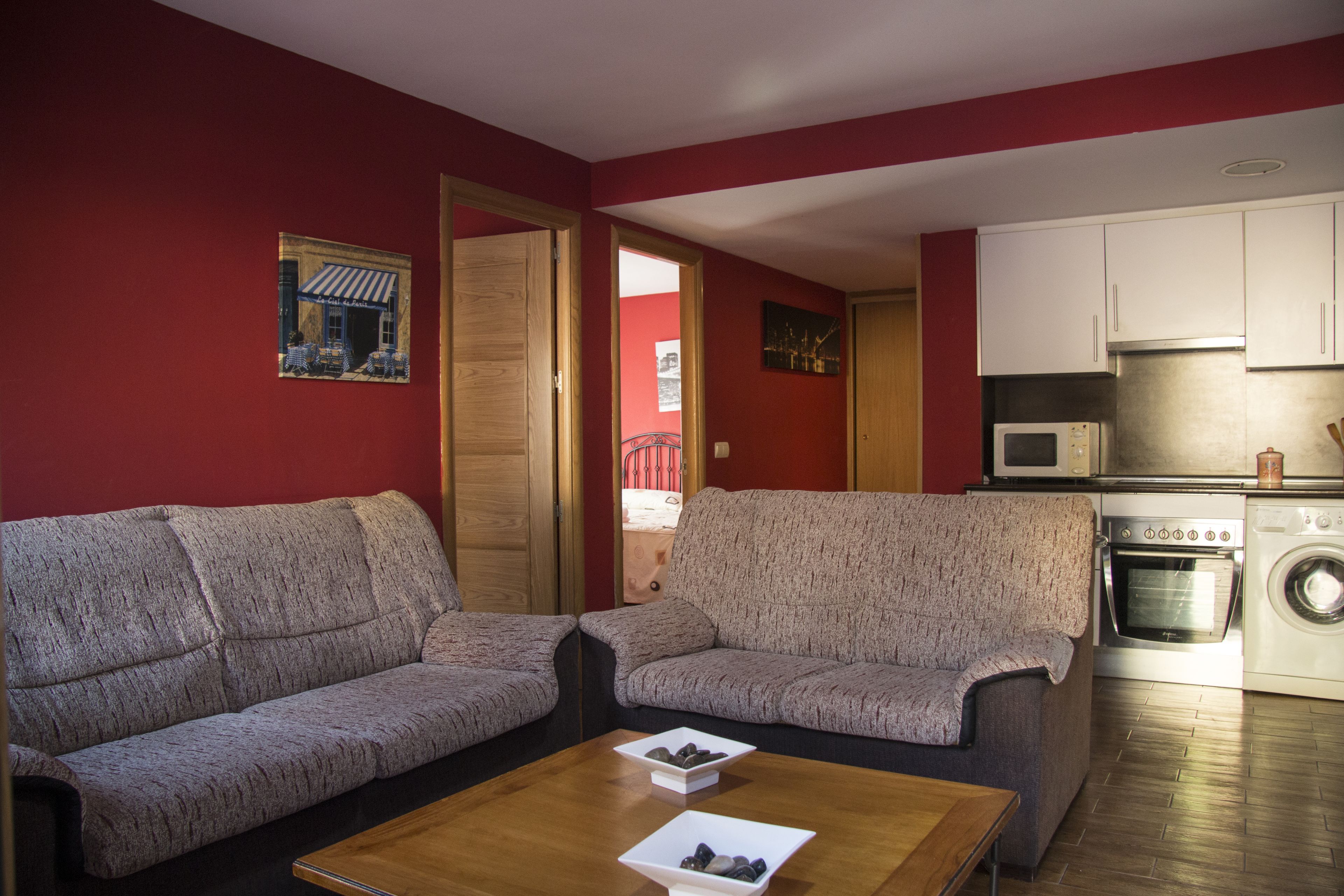 Sala de estar con dos sofás, una mesa de centro y una zona de cocina con microondas y lavadora.