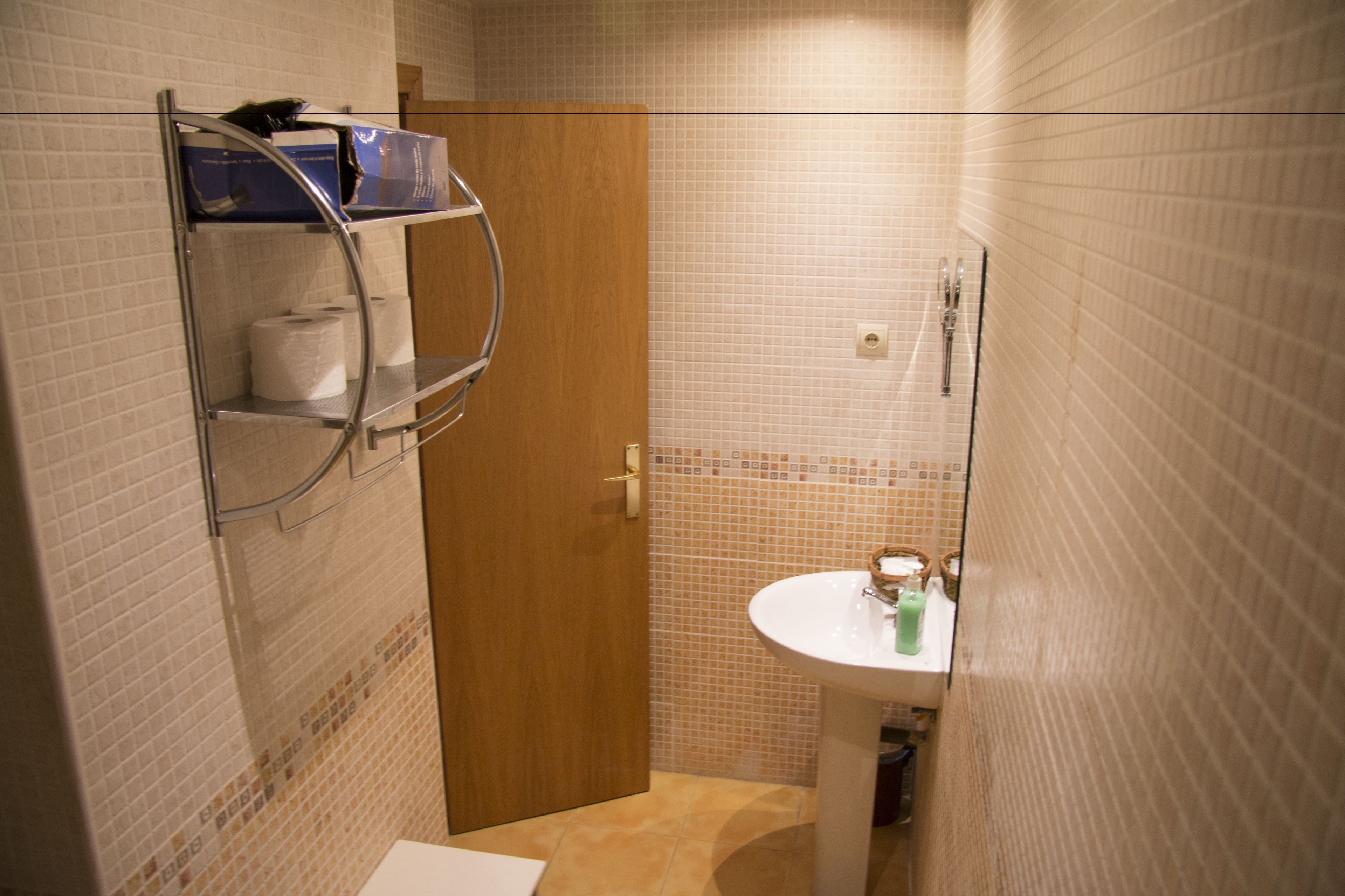 A small bathroom with a wooden door, a white sink, and a shelf with toiletries.