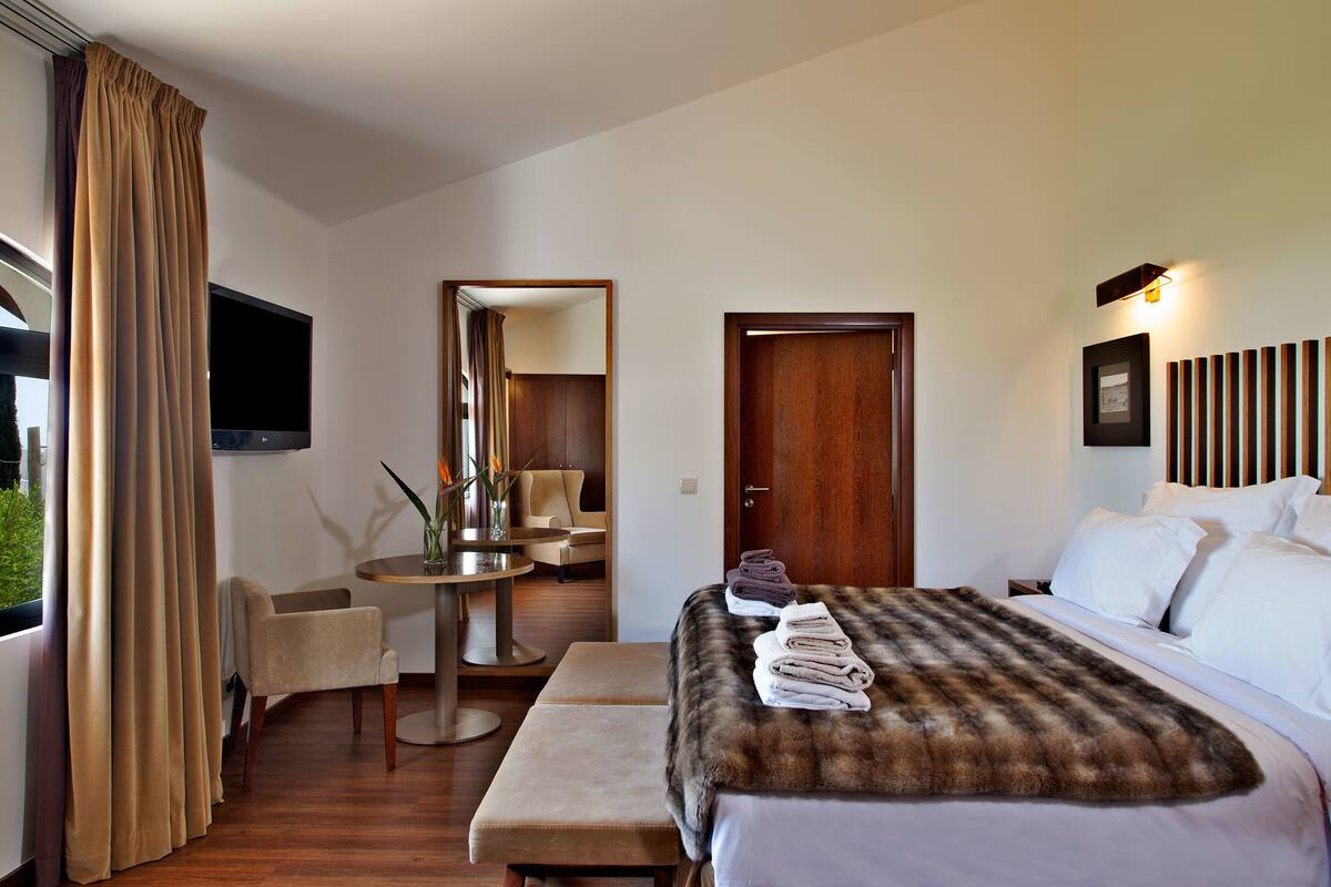 Habitació d'hotel amb un llit, escriptori, cadira, mirall i televisió.