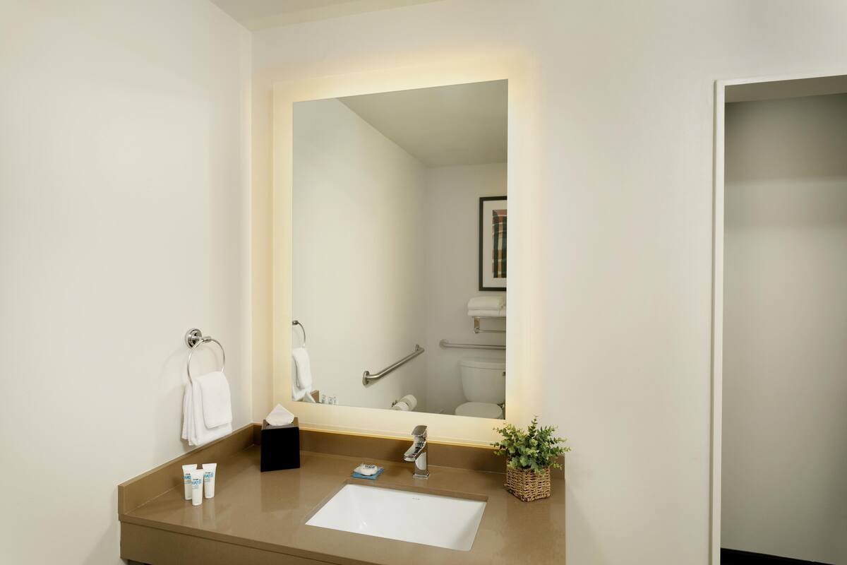 Een badkamer met een wit wastafel, een spiegel, een handdoekhouder, een handgreep en een lijst met een afbeelding aan de muur.