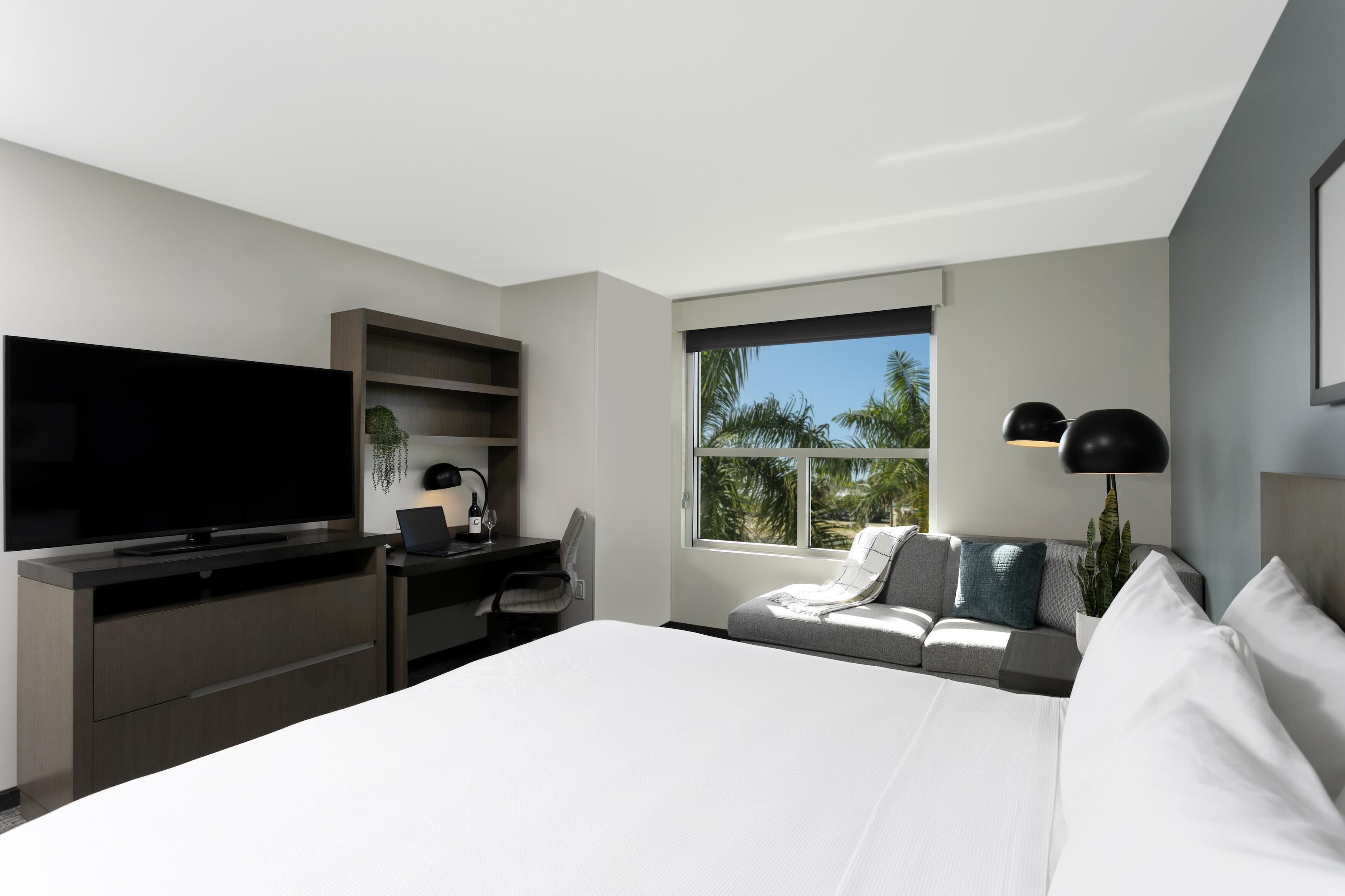 Habitación de hotel moderna con una cama grande, un escritorio, un televisor de pantalla plana, una ventana con vistas a palmeras y una pequeña zona de estar.