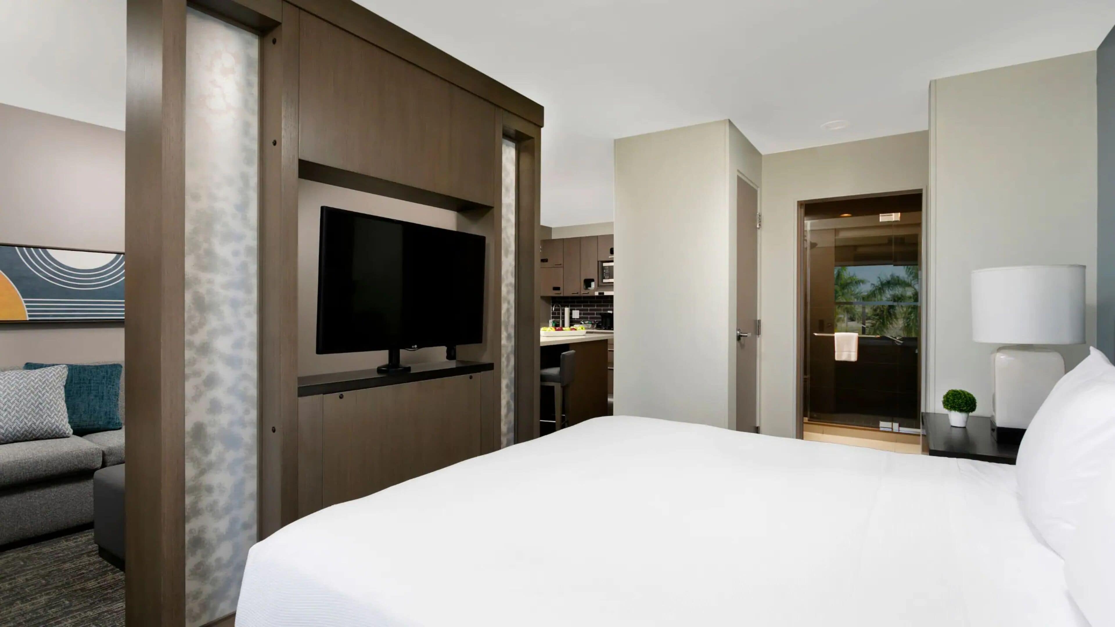 A hotel room with a bed, a TV, a desk with a lamp, a small plant, and a view of the kitchen and balcony.