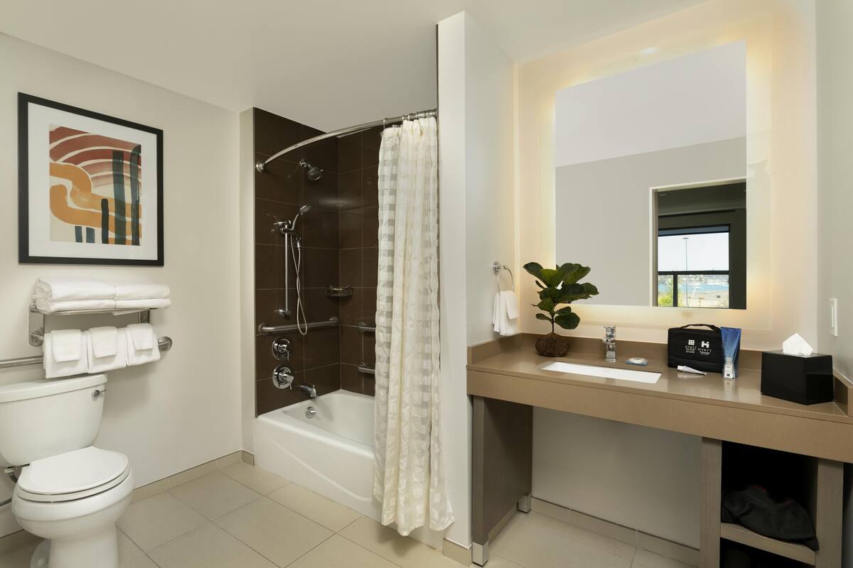 Een moderne badkamer met een badkuip, toilet, wastafel en douche met gordijn.