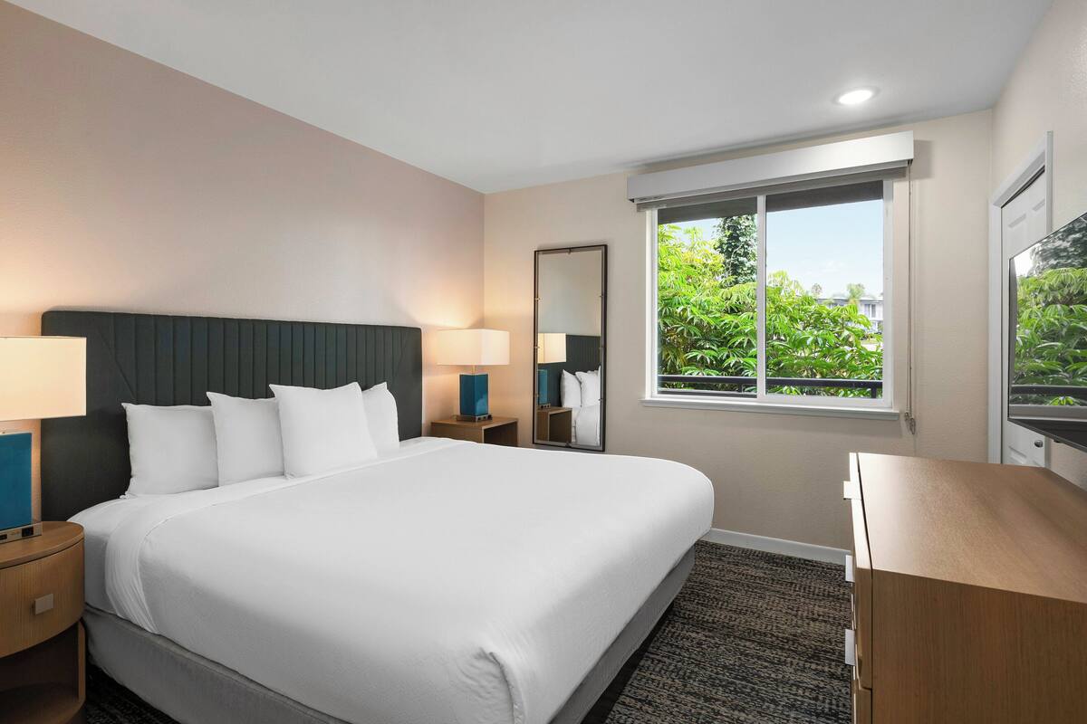 A hotel room with a large bed, two bedside tables with lamps, a mirror, a desk, and a window with a view of greenery.
