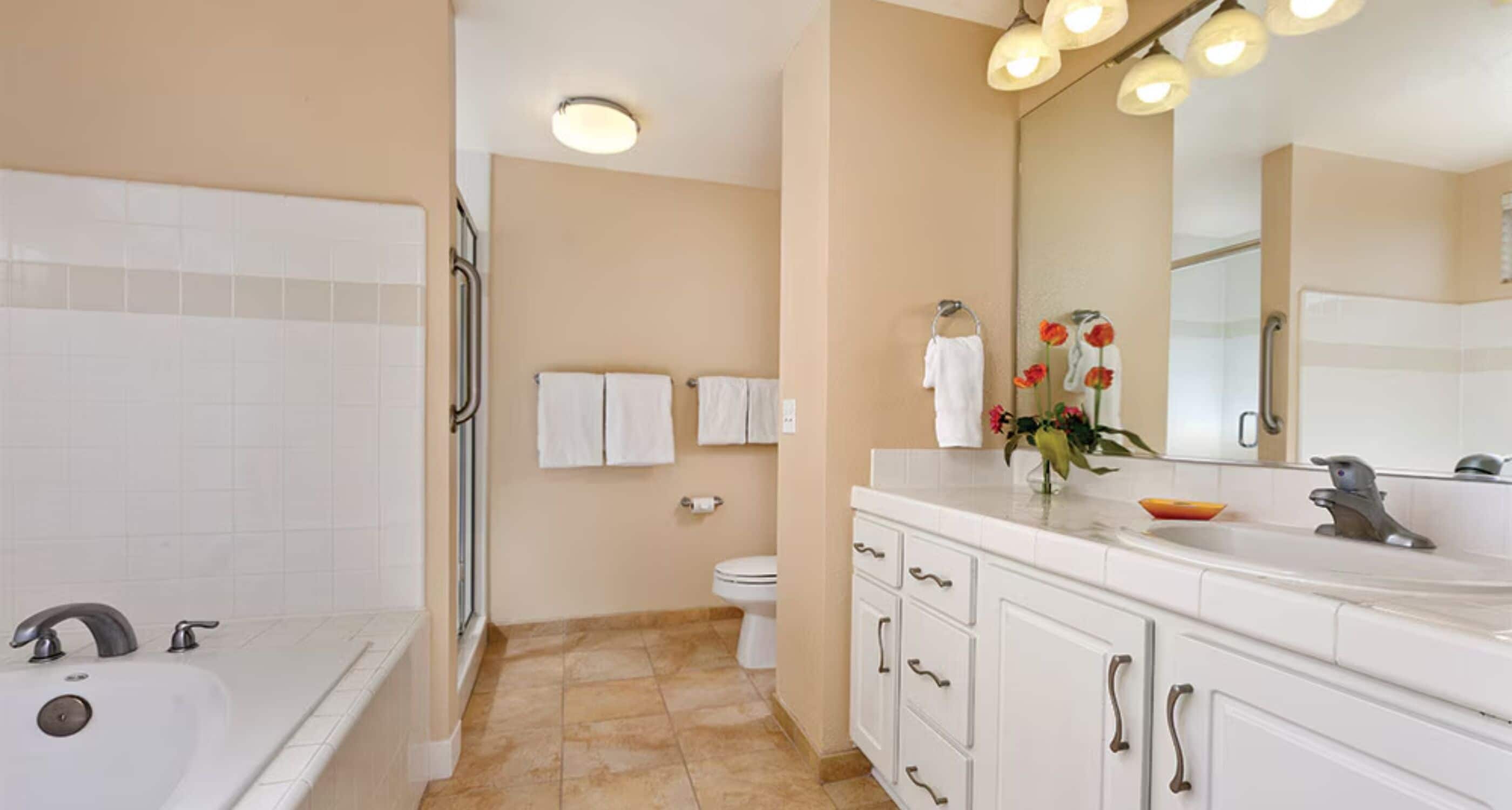 A modern bathroom with a bathtub, a toilet, and a vanity with a mirror.