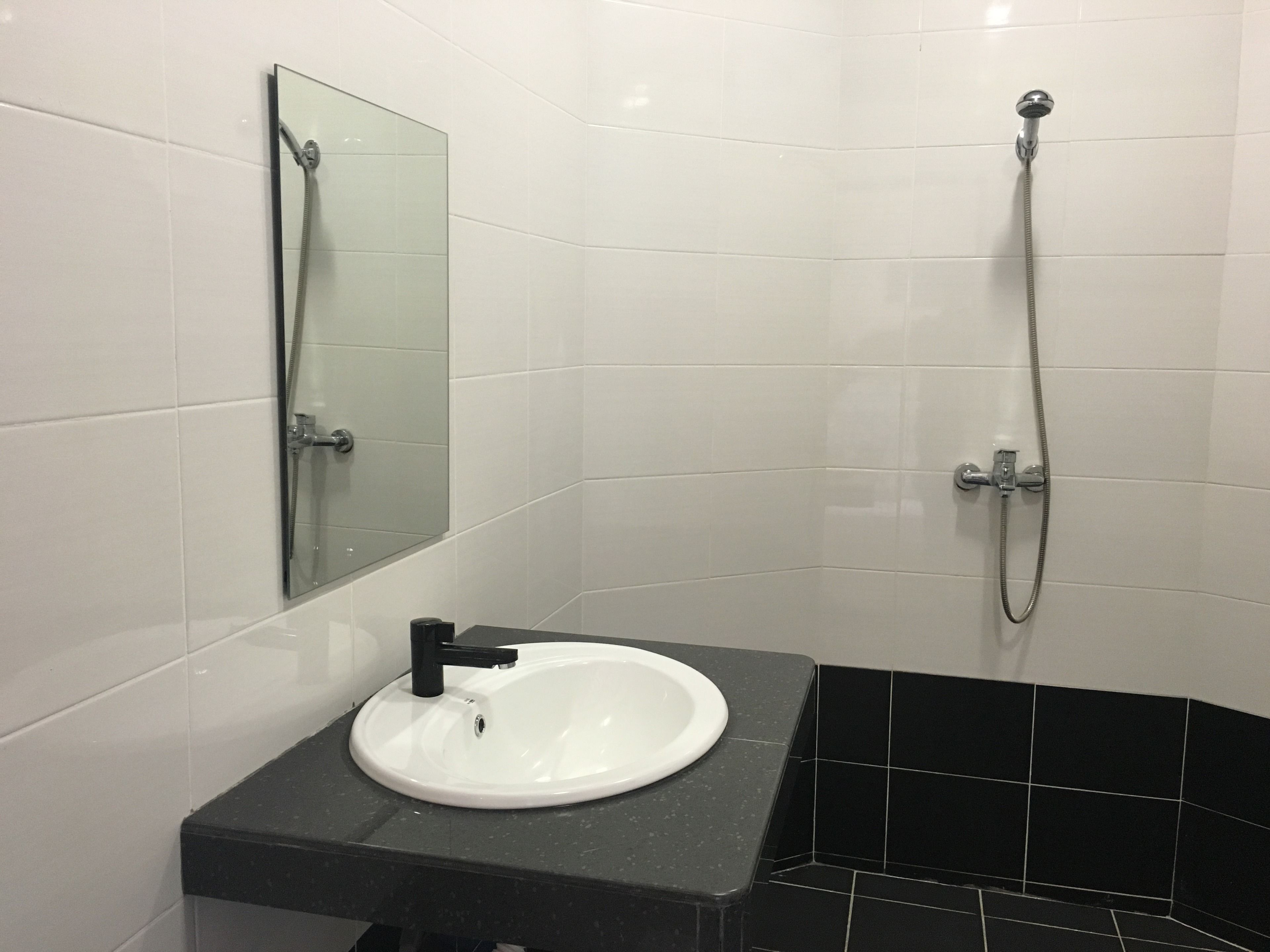 Une salle de bain avec un lavabo blanc, un miroir et une douche.