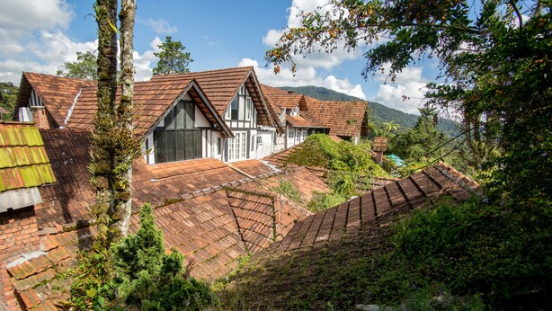 A traditional house with a steeply pitched roof, surrounded by lush greenery and mountains in the background. - The Bala's Holiday Chalet (Tanah Rata)