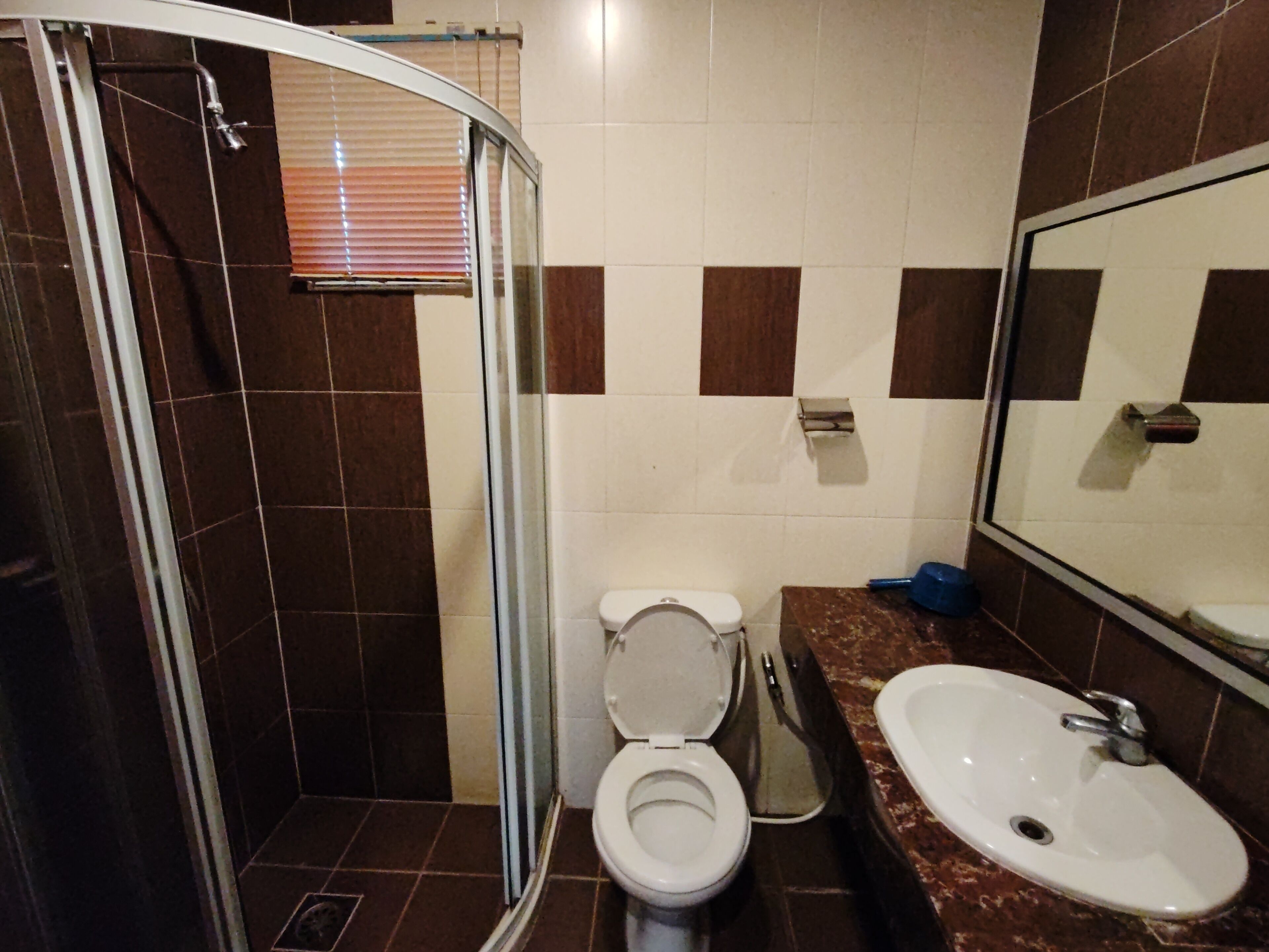 A bathroom with a shower, toilet, sink, and a mirror.