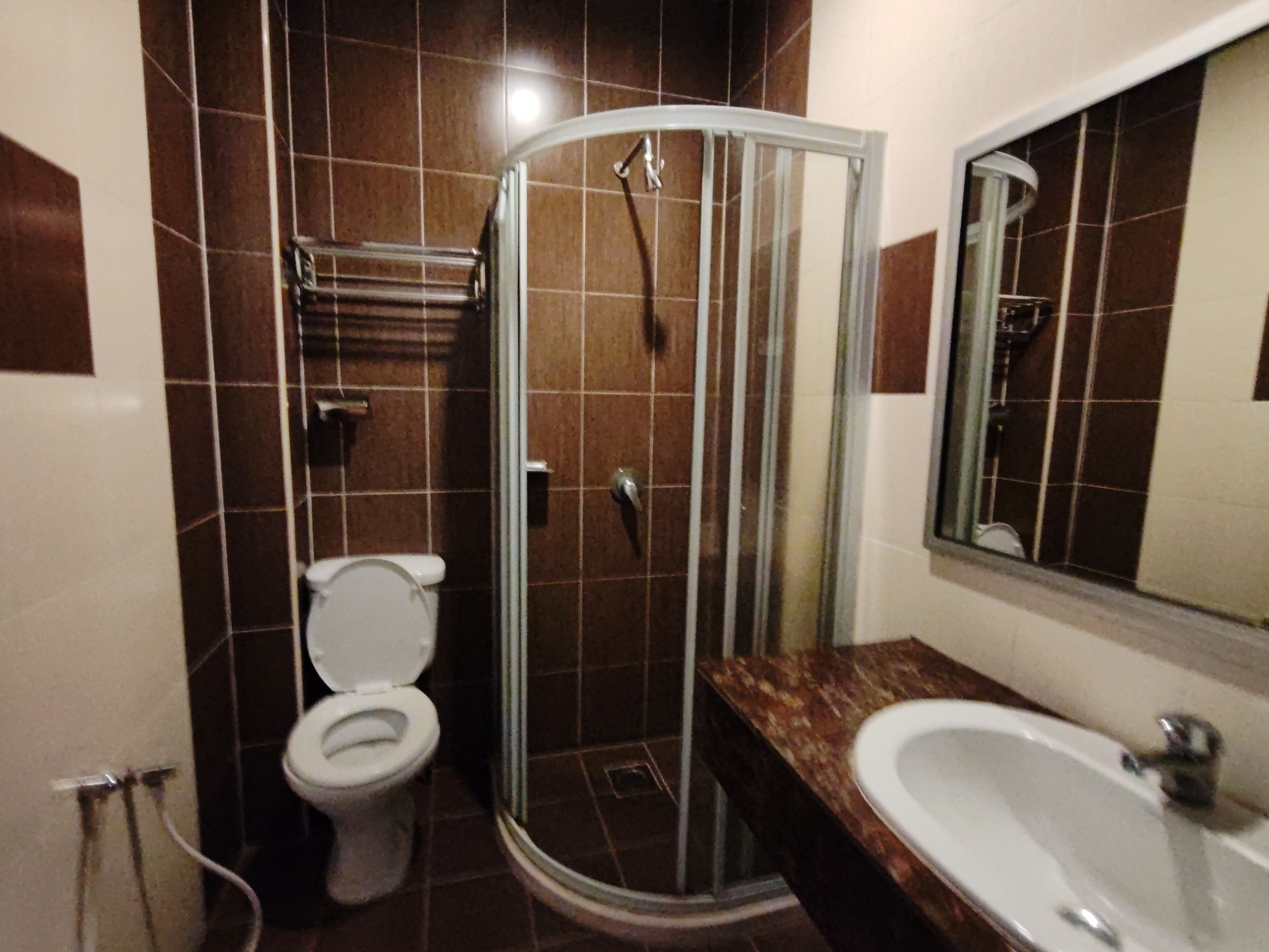 Un baño con inodoro, ducha con mampara de vidrio y lavamanos.