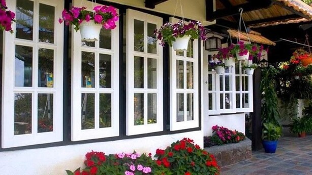 A building with white-framed windows, hanging flower baskets, and potted plants. - Hillview Inn (Tanah Rata)