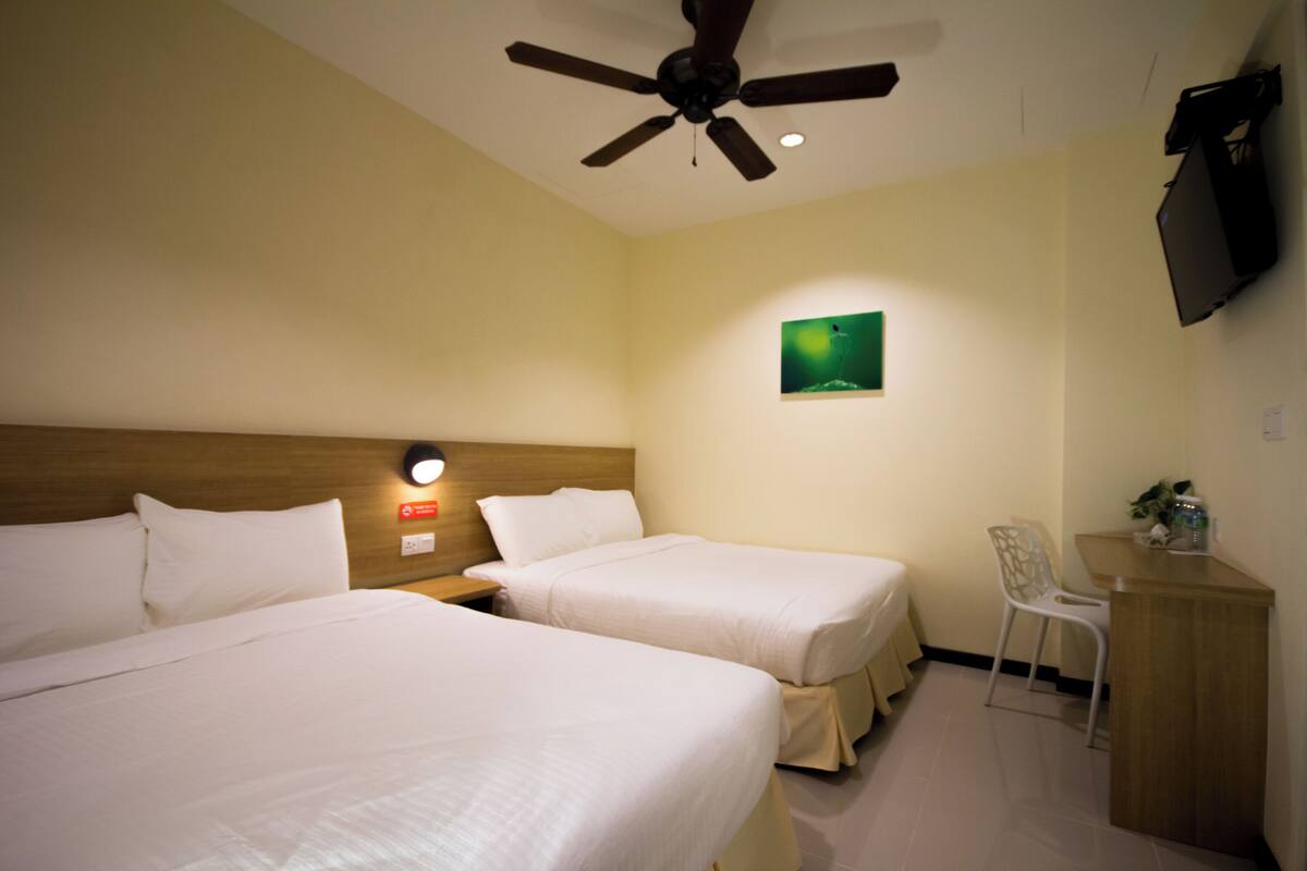 A hotel room with two beds, a desk, a chair, a ceiling fan, a wall-mounted TV, and a painting.
