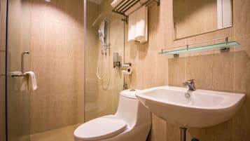 Shower, hair dryer, bidet, towels
