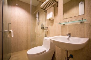 Shower, hair dryer, bidet, towels