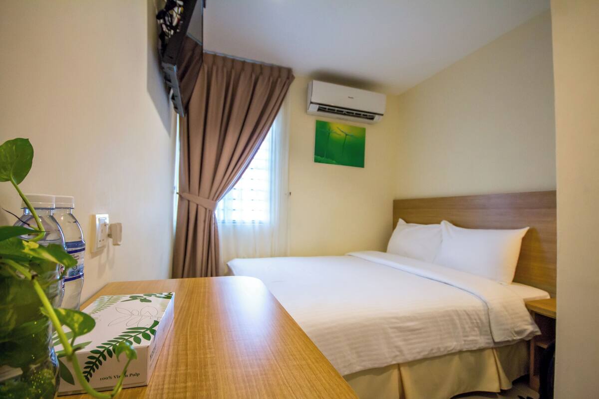 A hotel room with a bed, a wooden nightstand, a table with a plant, a water bottle, and a box of tissues.