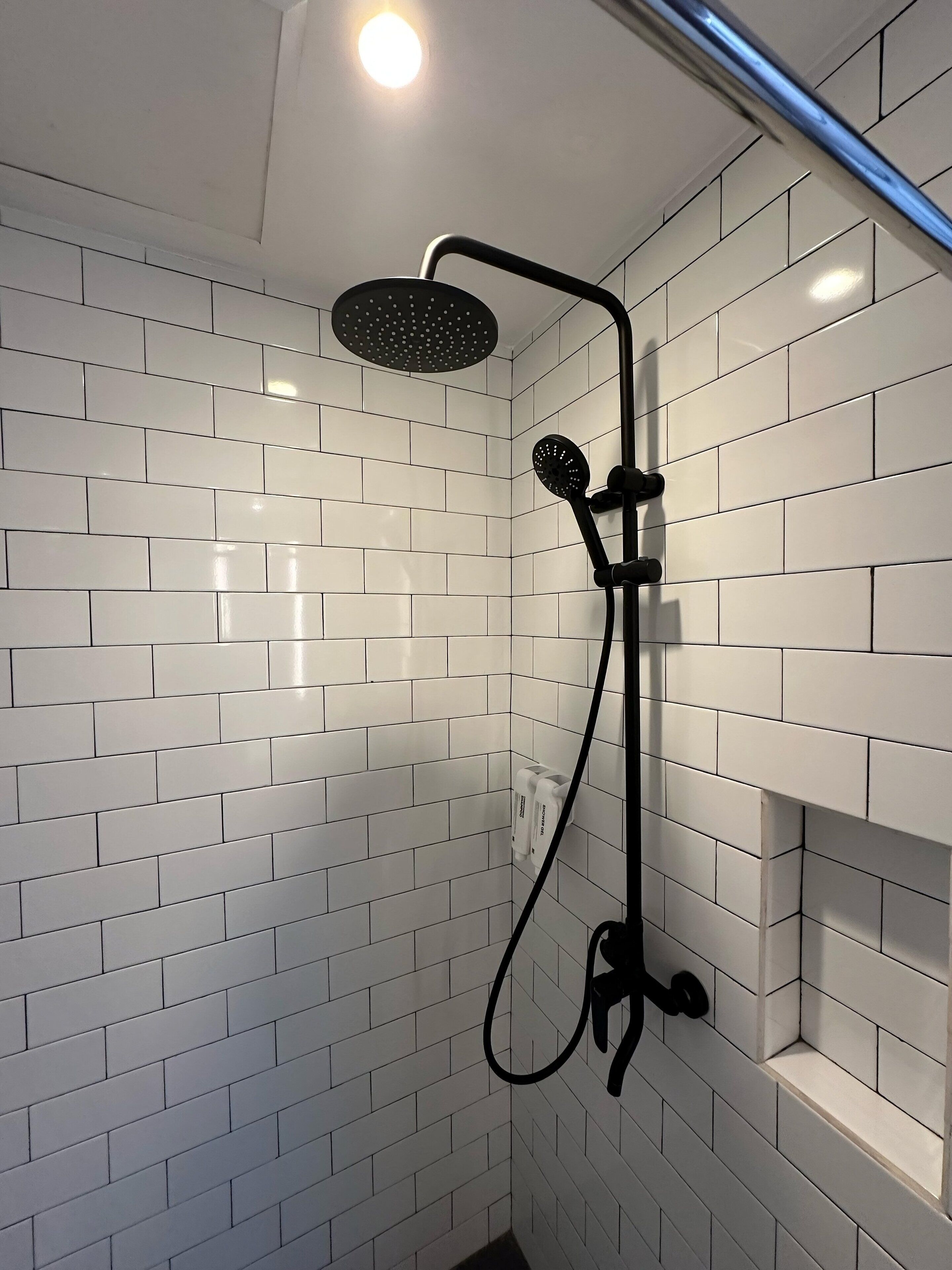 A shower with a handheld showerhead and a wall-mounted control.