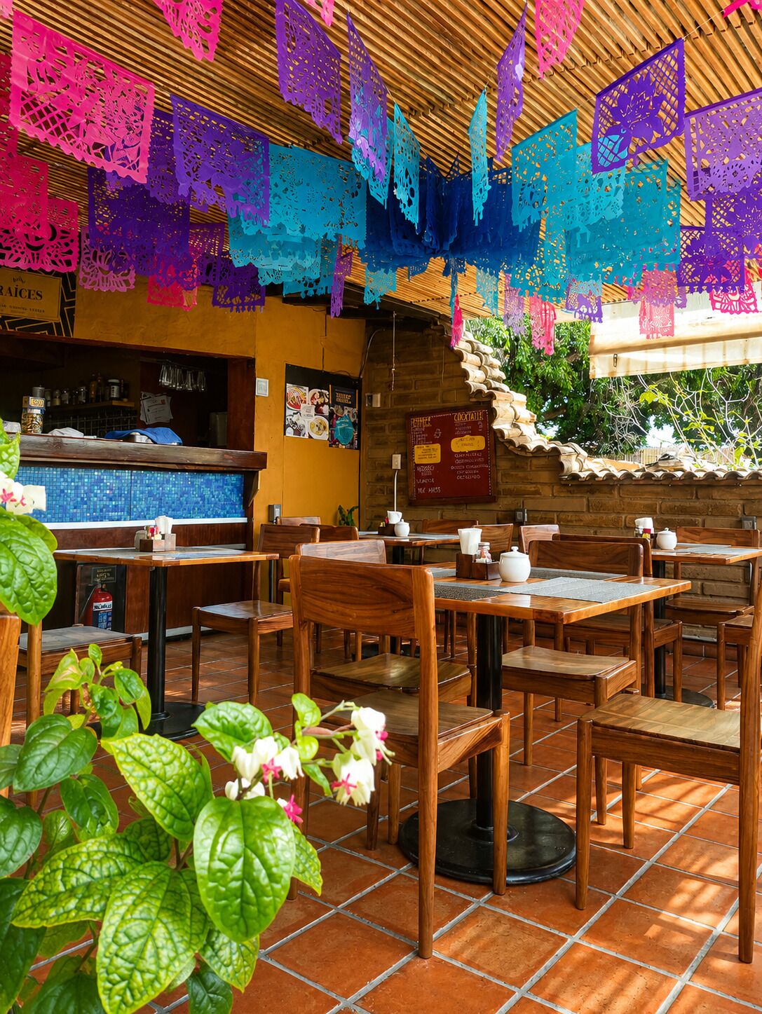 Un restaurante con mesas y sillas de madera, piso de baldosas y coloridas decoraciones de papel colgando del techo.