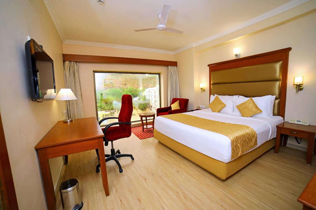 A hotel room with a large bed, a desk with a chair, a small table, a trash can, a ceiling fan, and a view of the outdoors.
