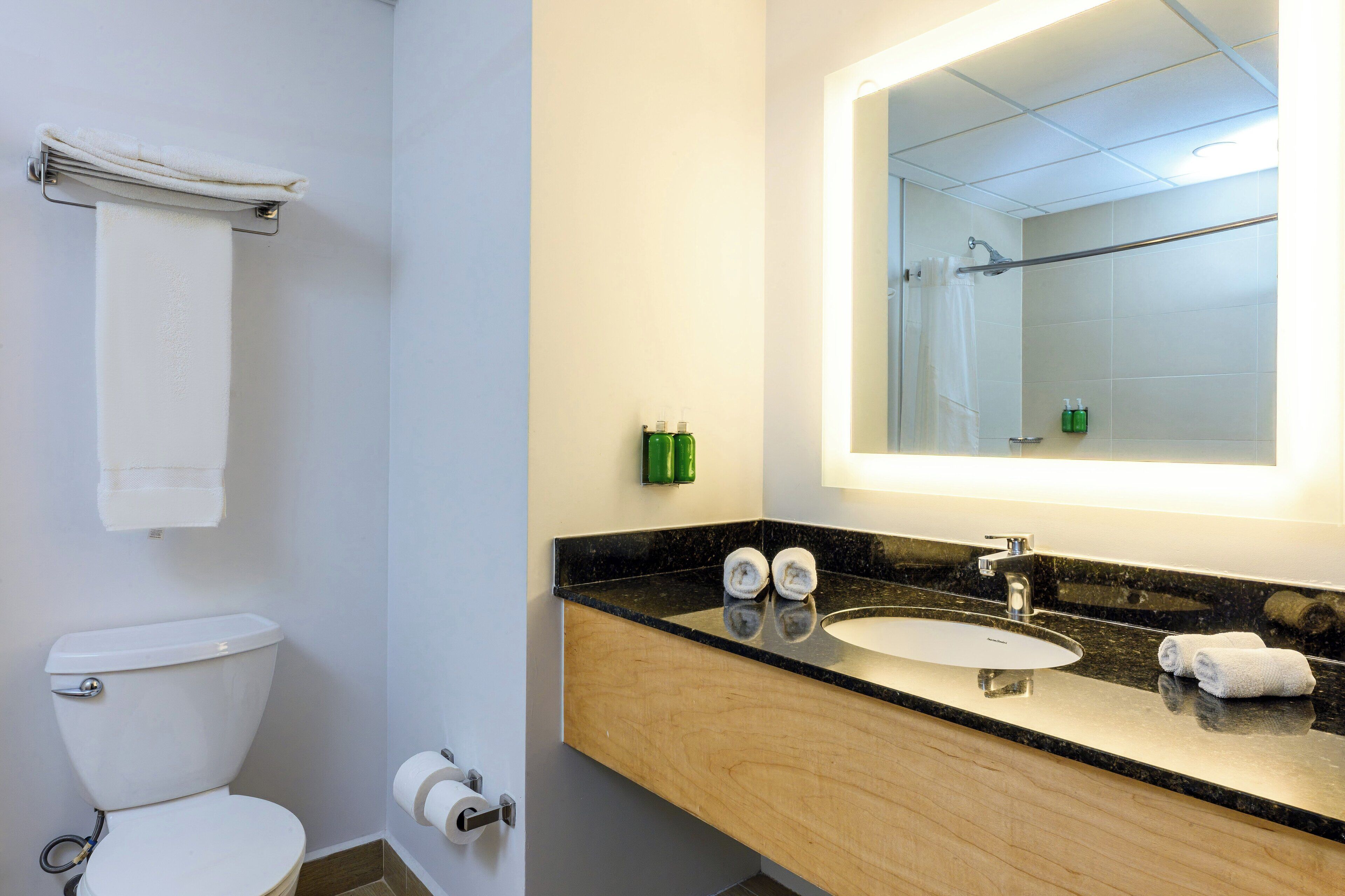 shower, rainfall showerhead, hair dryer, towels